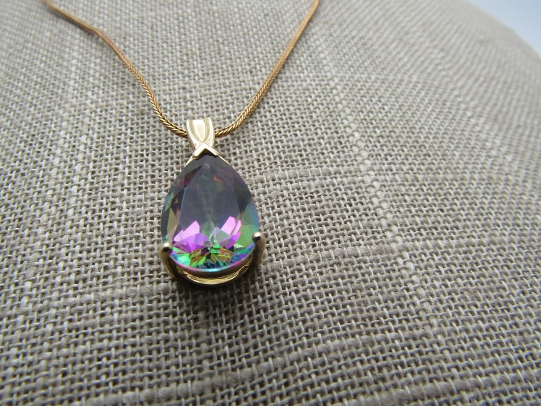 Vintage 10kt Mystic Topaz Necklace, 9kt 20" Chain, Signed - 3