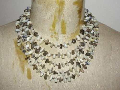 Mother of Pearl Shell Multiple Strand Chip Bead Necklace: Title:Mother of Pearl Shell Multiple Strand Chip Bead Necklace Description:Gorgeous statement necklace. Circa 1950's. Natural black and white mother of pearl shell chip beads and glass beads. Necklace