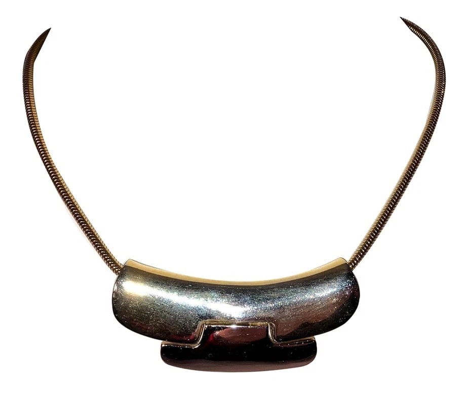 Vintag Lanvin Paris Two Tone Bib Slide Pendant Retro Style Necklace: Title:Vintag Lanvin Paris Two Tone Bib Slide Pendant Retro Style NecklaceDescription:Vintag Lanvin Two Tone Bib Slide Pendant Retro Style Necklace. Circa, 1970's. Necklace measures 16 1/2" long and "