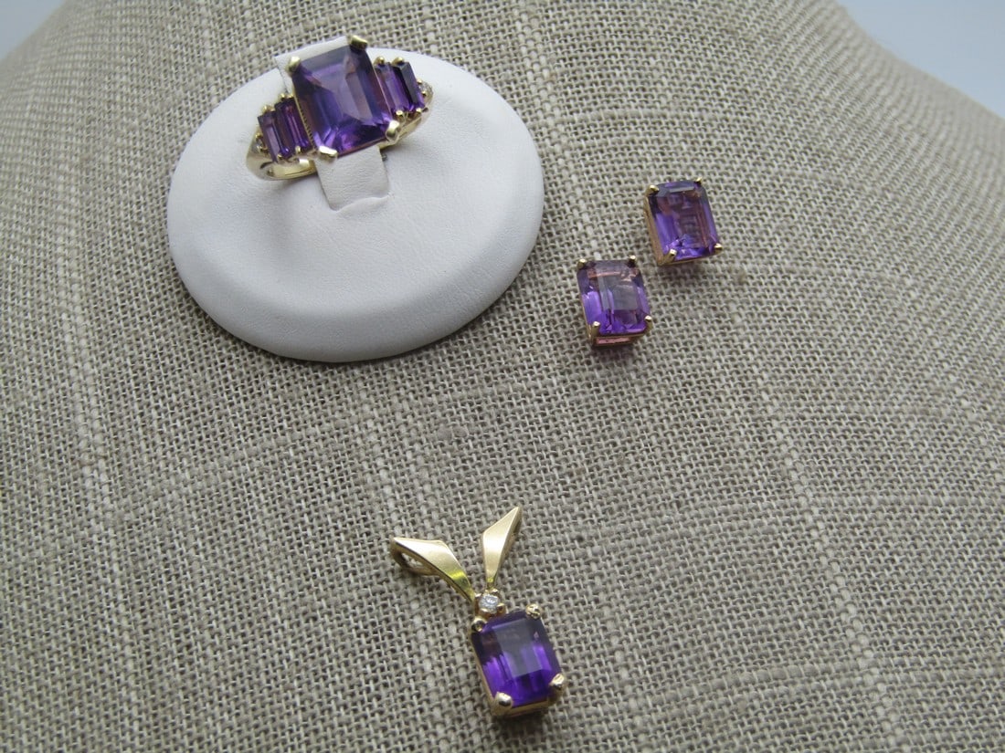 Vintage 14kt Amethyst Ring, Earrings, Pendant with Diamond, signed, 1980's-1990's - 3