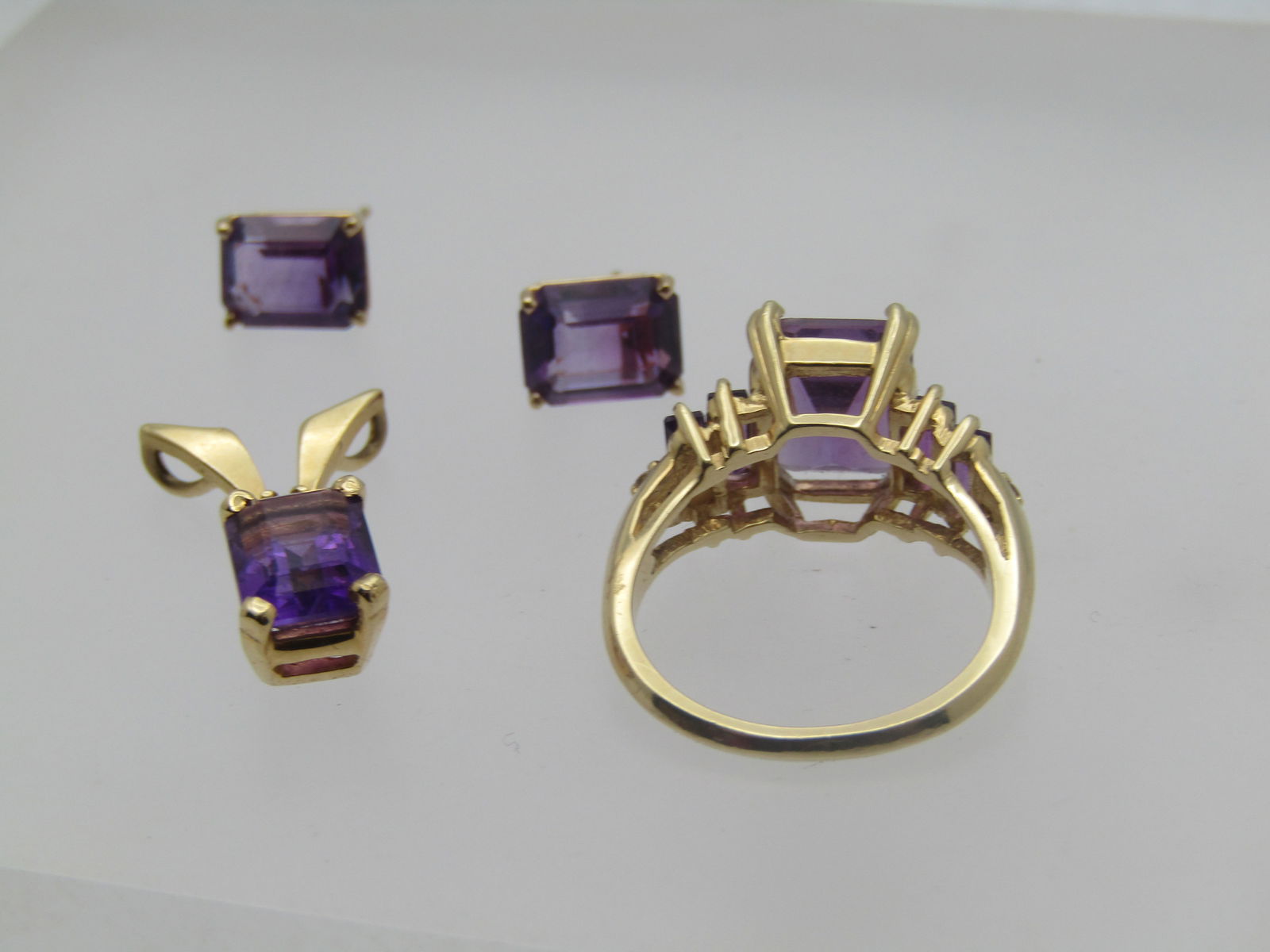 Vintage 14kt Amethyst Ring, Earrings, Pendant with Diamond, signed, 1980's-1990's - 6