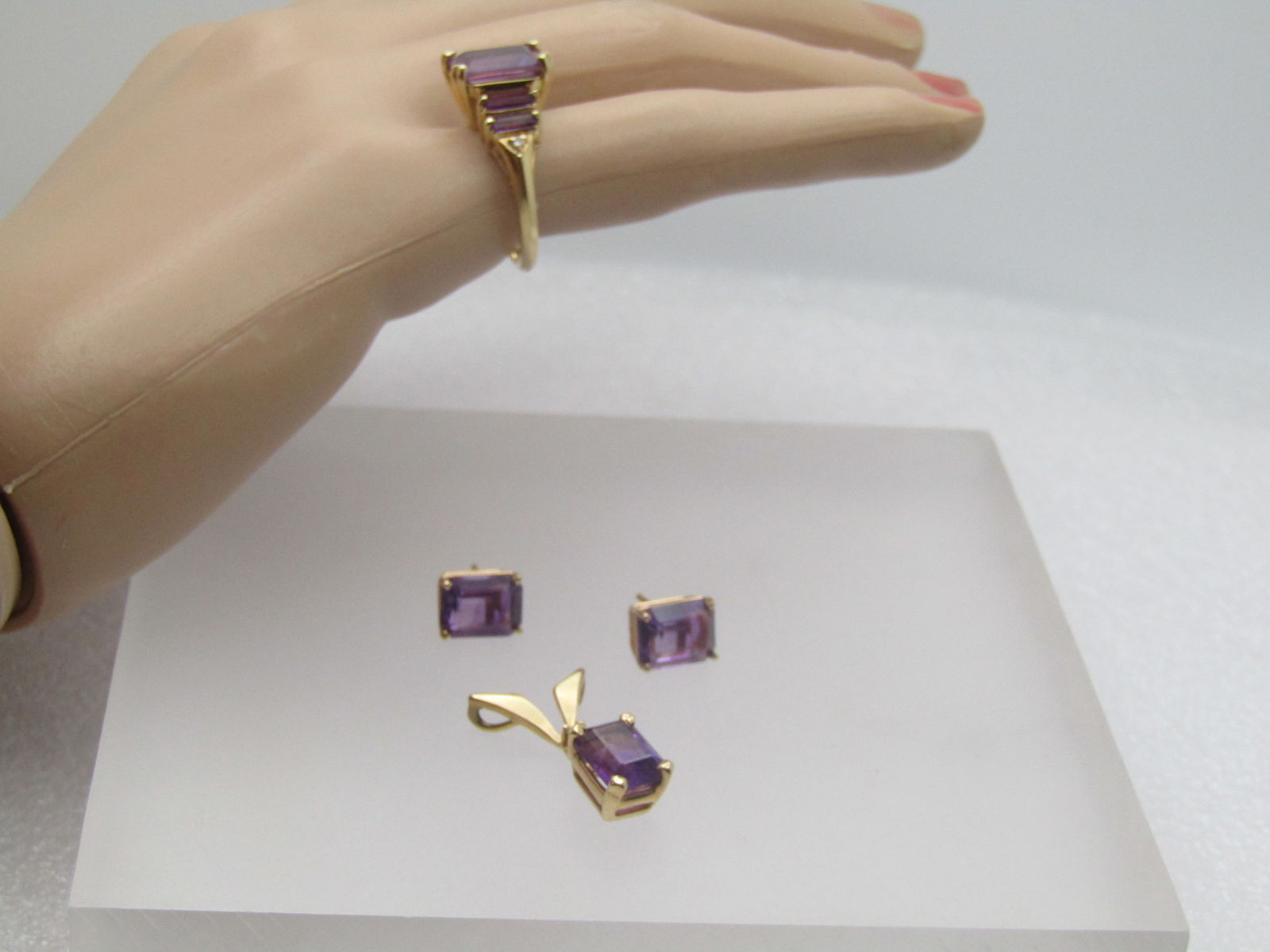 Vintage 14kt Amethyst Ring, Earrings, Pendant with Diamond, signed, 1980's-1990's - 8