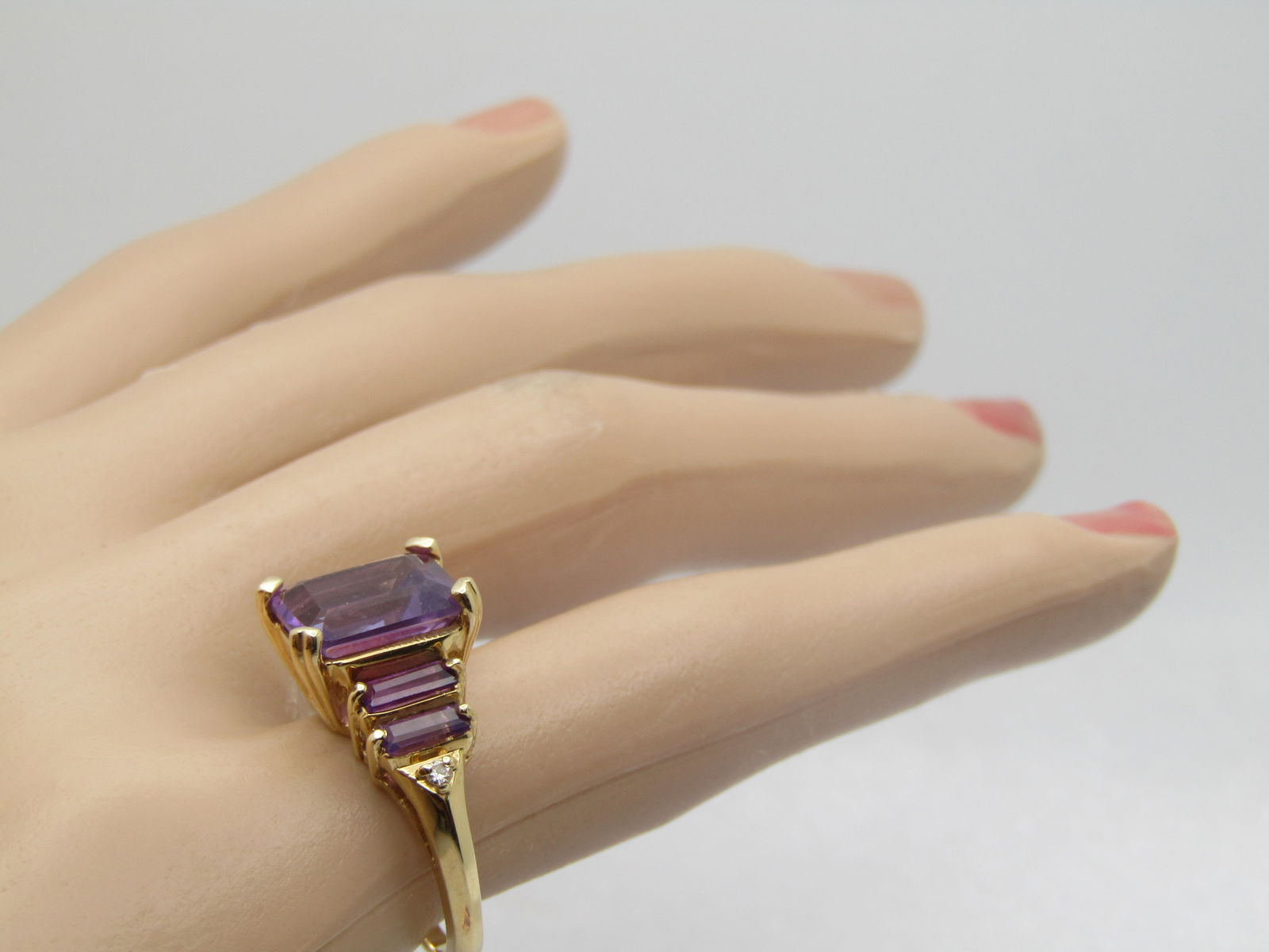 Vintage 14kt Amethyst Ring, Earrings, Pendant with Diamond, signed, 1980's-1990's - 9