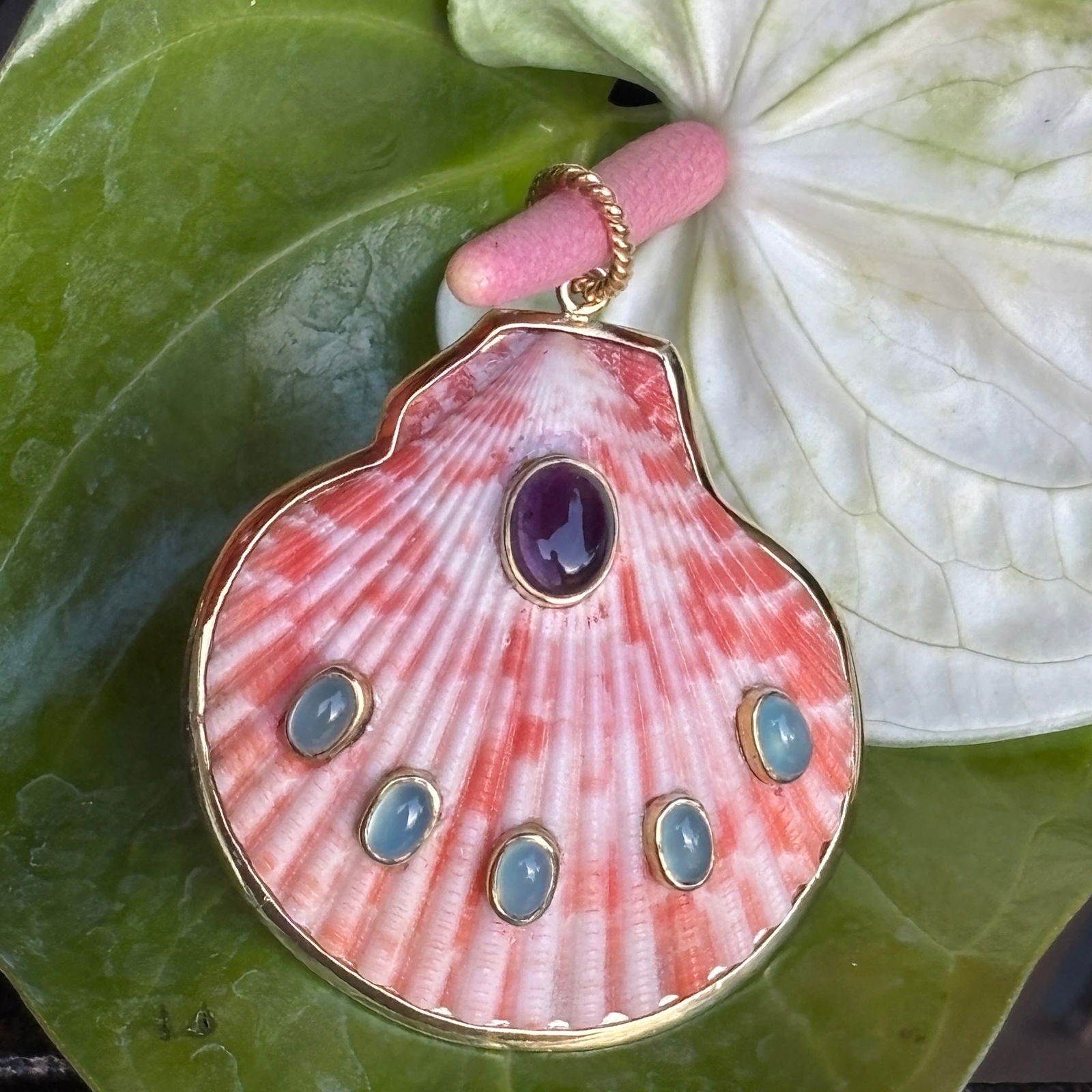 St. James Scallop Pendant with Amethyst & Amazonite: Title:St. James Scallop Pendant with Amethyst & AmazoniteDescription:St. James pendant decorated with cabochon Amethyst and Amazonite stones - signed CSS - Vermeil -2.79" Drop Reserve: $780.00 