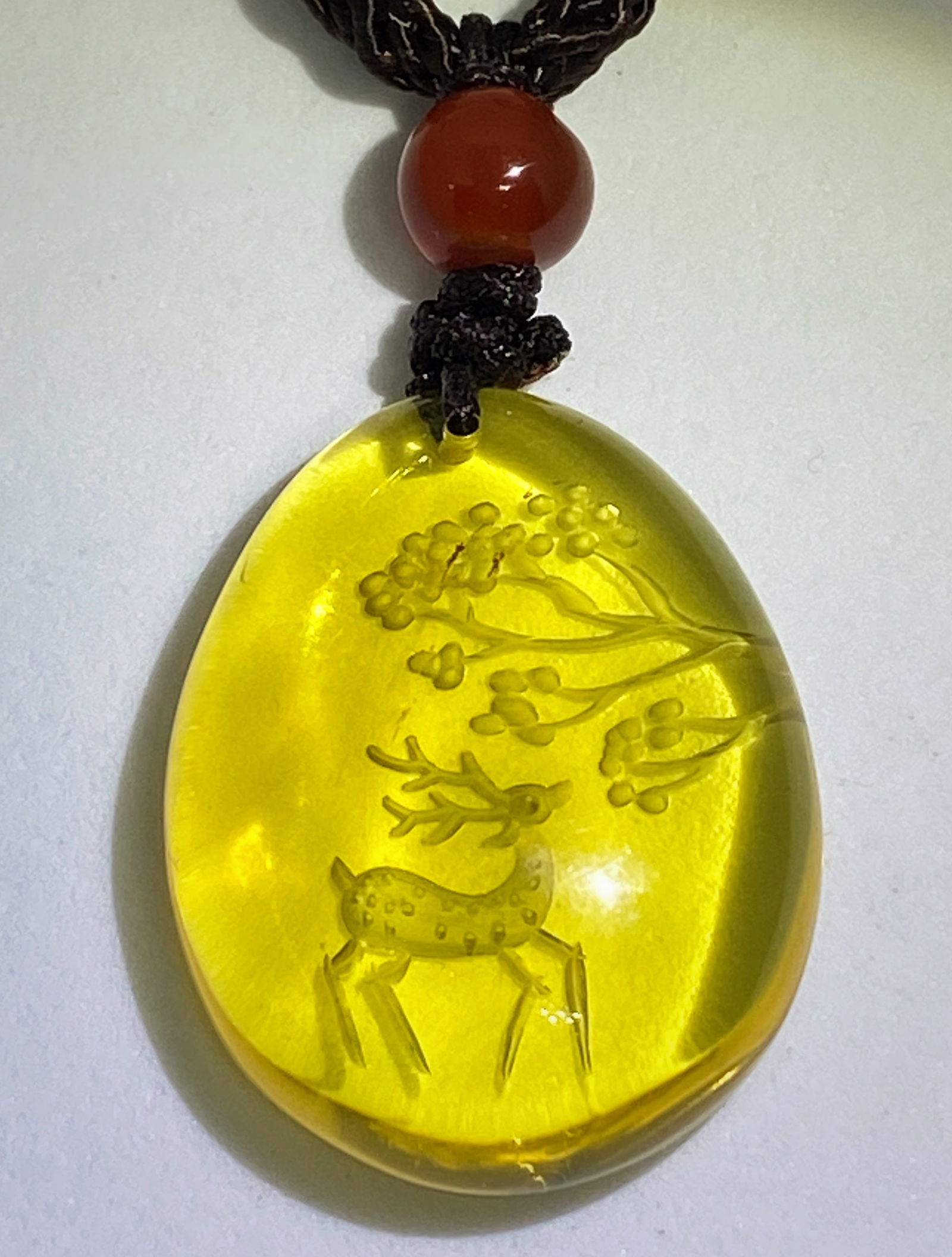 Golden Blue Amber carving Sika Deer and Tree Amulet Pendant - 3