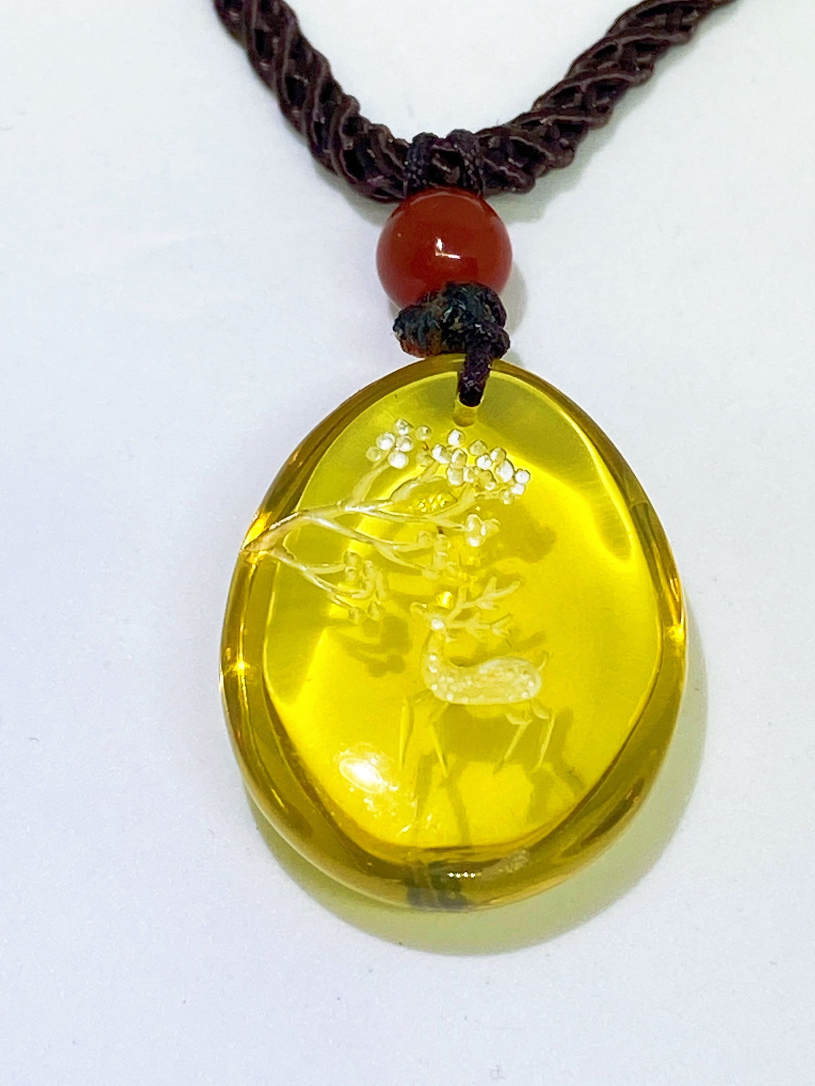 Golden Blue Amber carving Sika Deer and Tree Amulet Pendant - 4
