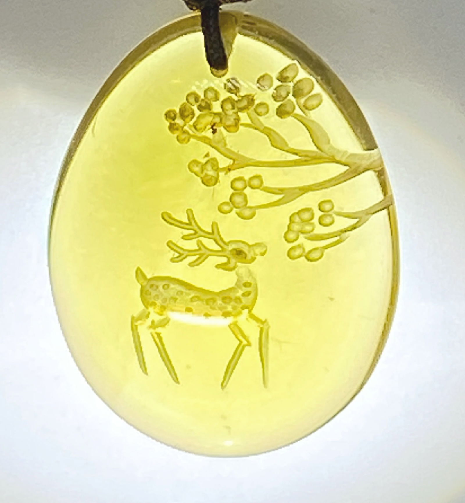 Golden Blue Amber carving Sika Deer and Tree Amulet Pendant - 5
