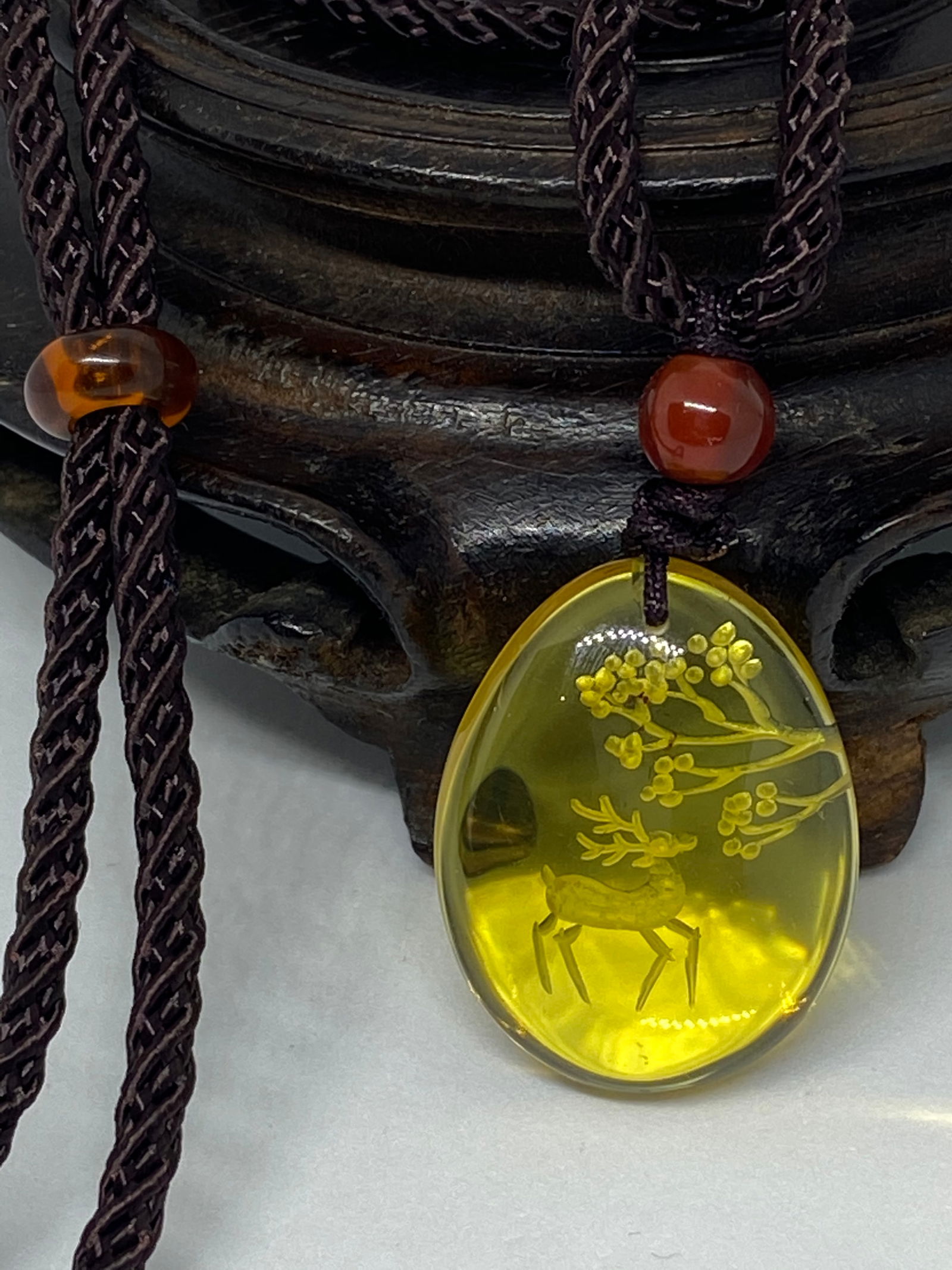 Golden Blue Amber carving Sika Deer and Tree Amulet Pendant - 6