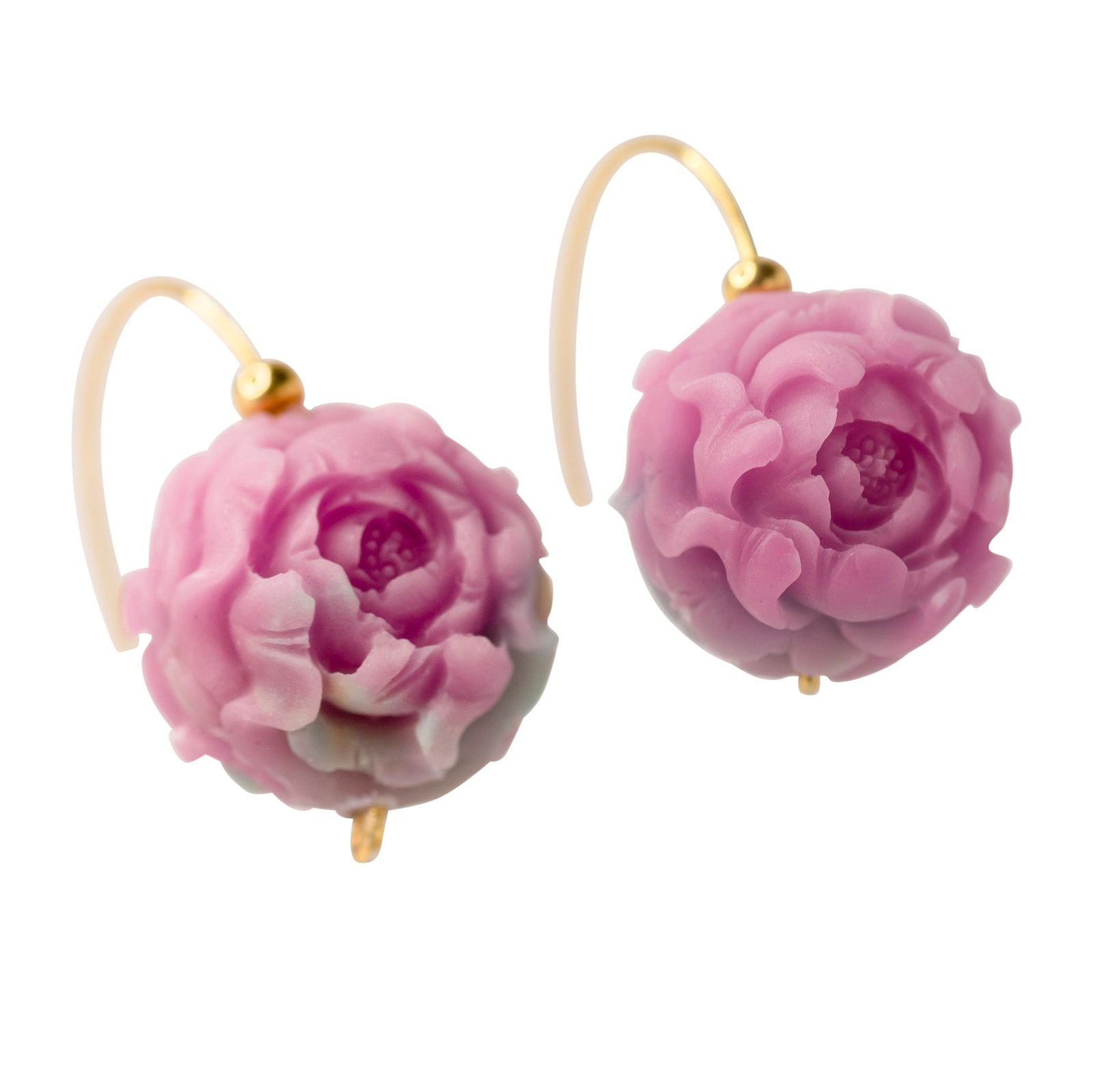 Pink Agate Peony Flower Earring II 14K Gold Hook: Title:Pink Agate Peony Flower Earring II 14K Gold HookDescription:Hand carved from rare Pink Carnelian Agate, are like whispered secrets from a forgotten garden. Wearing them, you will feel an aura