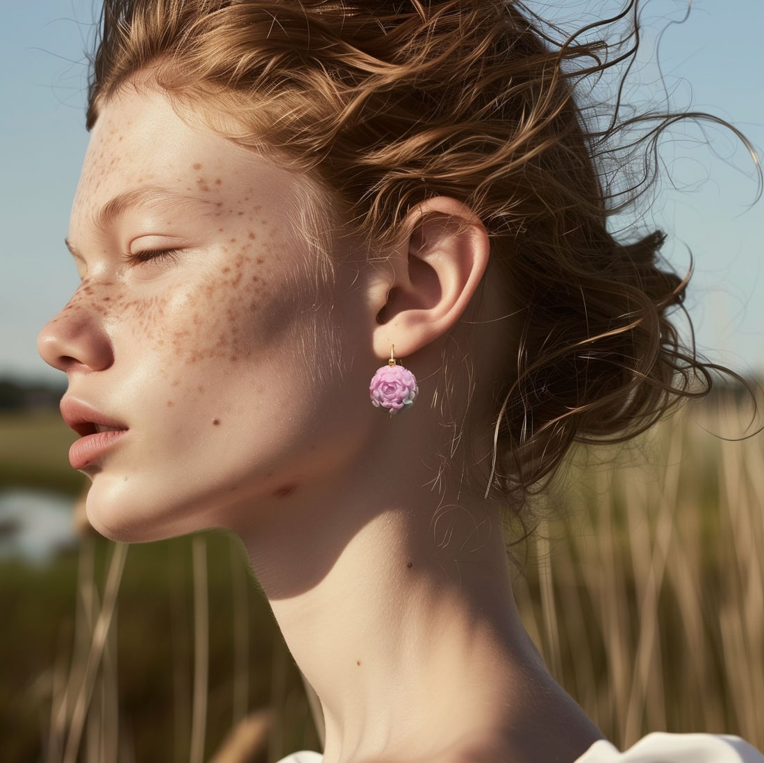 Pink Agate Peony Flower Earring II 14K Gold Hook - 2