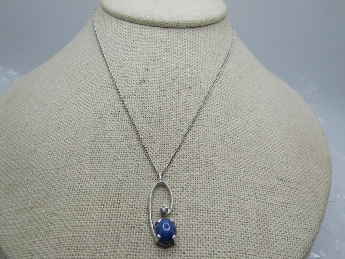 Vintage 14kt Blue Star Sapphire Diamond Necklace, 15", White Gold: Title:Vintage 14kt Blue Star Sapphire Diamond Necklace, 15", White GoldDescription:Vintage 14kt Blue Star Sapphire Diamond Necklace, 15", White Gold. The pendant is a 1-1/8" long and 3/8" wide. 
