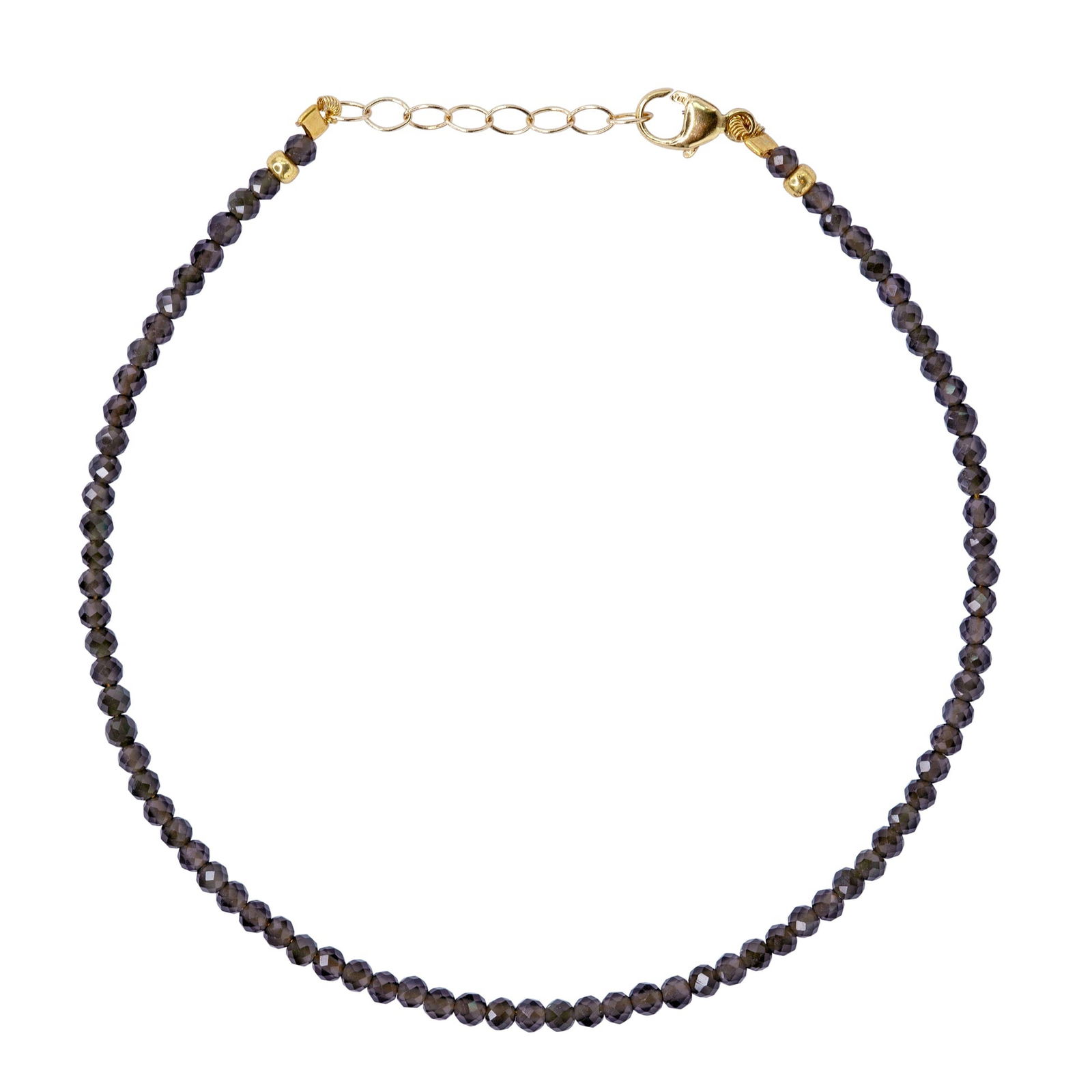 Tiny Charcoal Obsidian 14K Gold Bracelet: Title:Tiny Charcoal Obsidian 14K Gold Bracelet Description:Ground yourself in strength and clarity with this tiny rare to find charcoal obsidian and 14K gold bracelet from Bombyx House, a sleek shield