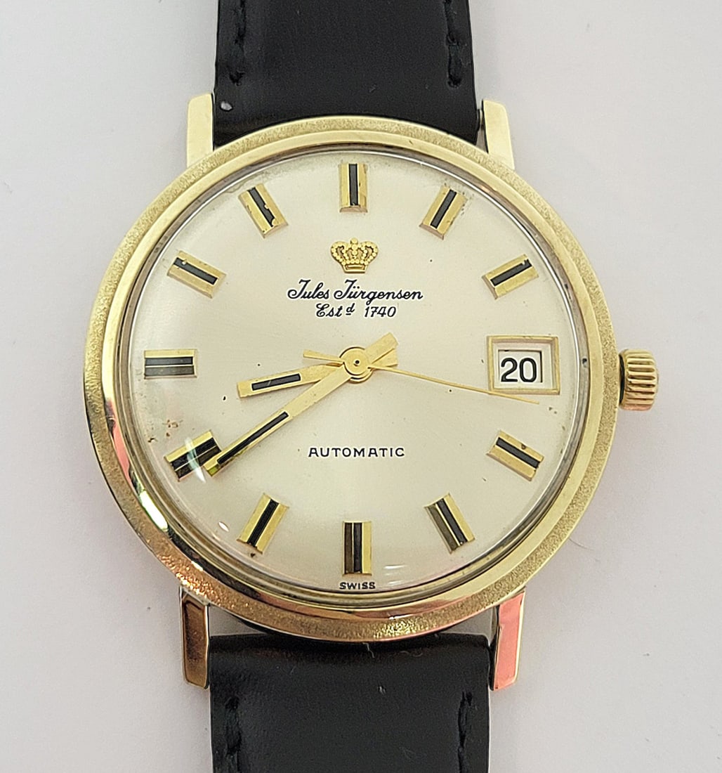 Vintage 14k JULES JURGENSEN 17J Automatic DATE Watch c.1960s EXLNT ORIGINAL DIAL: Vintage 14k JULES JURGENSEN 17J Automatic DATE Watch c.1960s EXLNT ORIGINAL DIAL ​ Great present for yourself or someone you love as well as for vintage collectors or enthusiasts! * Solid 14k ye