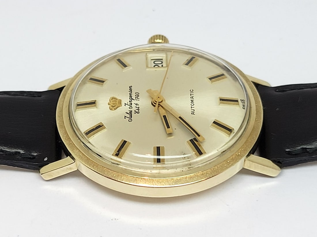 Vintage 14k JULES JURGENSEN 17J Automatic DATE Watch c.1960s EXLNT ORIGINAL DIAL - 7