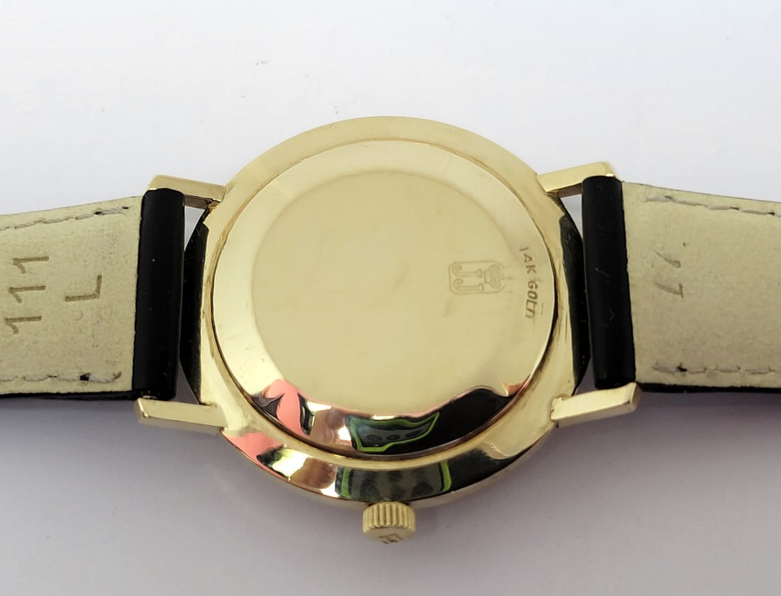 Vintage 14k JULES JURGENSEN 17J Automatic DATE Watch c.1960s EXLNT ORIGINAL DIAL - 8