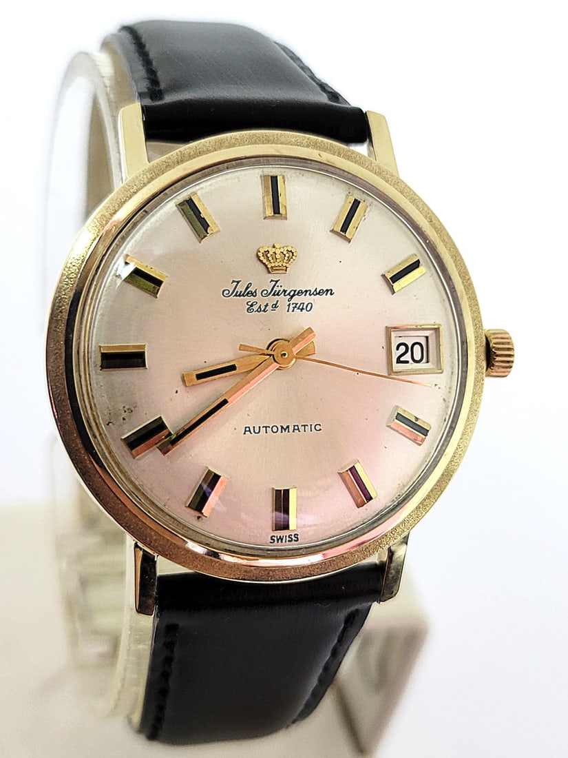 Vintage 14k JULES JURGENSEN 17J Automatic DATE Watch c.1960s EXLNT ORIGINAL DIAL - 9