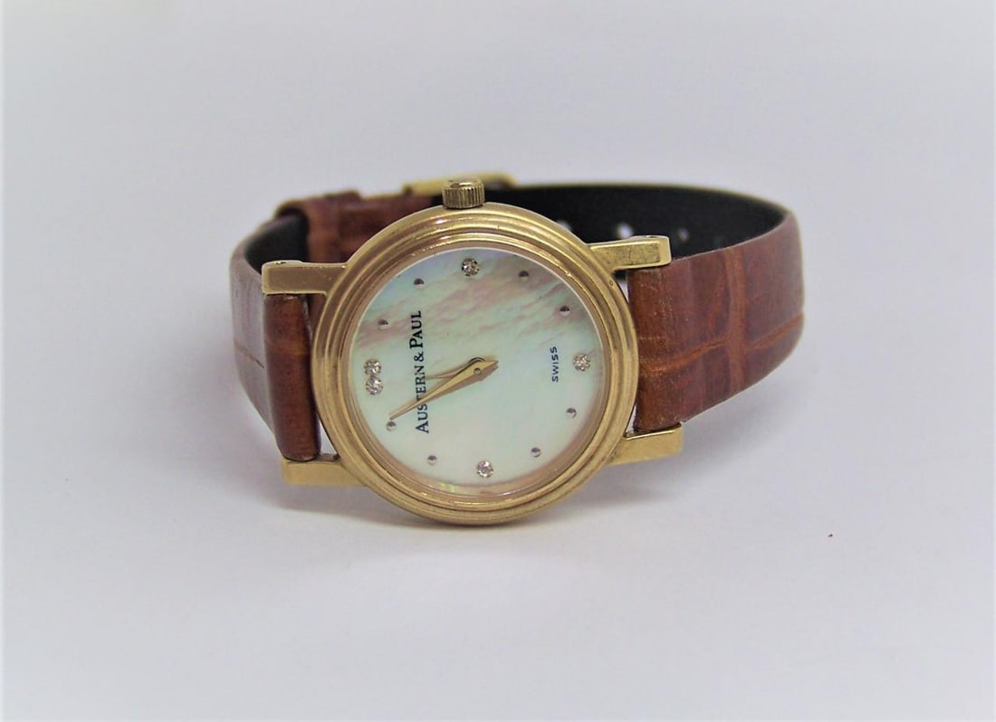 Solid 18k Ladies AUSTERN & PAUL Watch with Mother-of-Pearl Diamond Hour Markers - 3