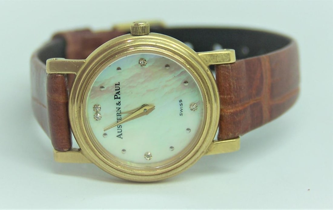 Solid 18k Ladies AUSTERN & PAUL Watch with Mother-of-Pearl Diamond Hour Markers - 7