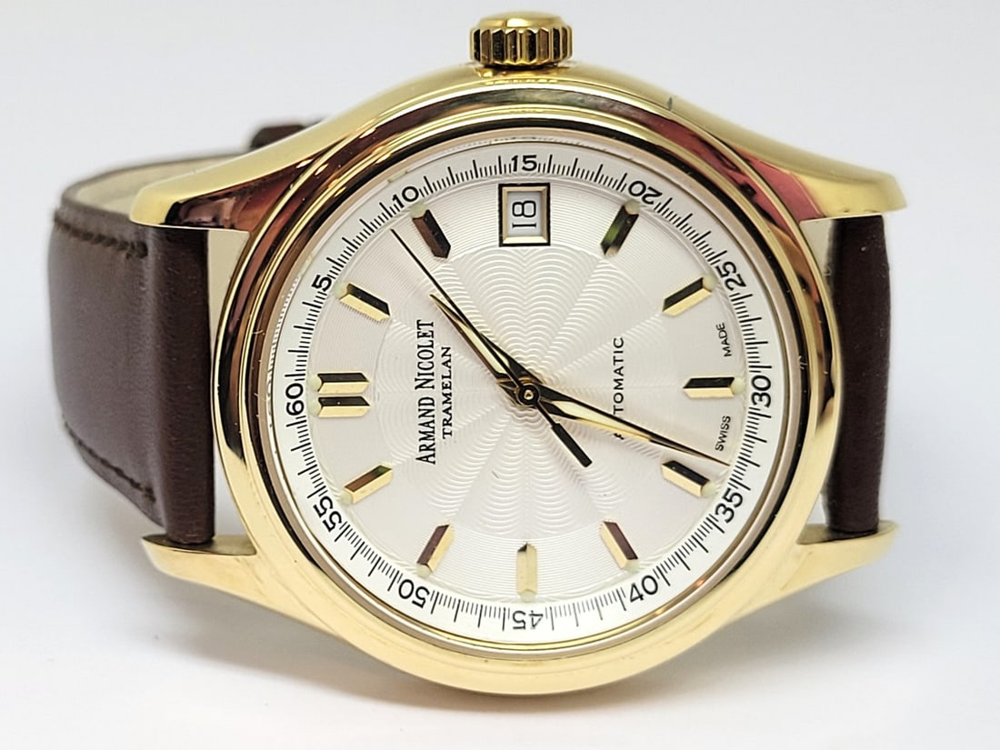 Men's Solid 18k ARMAND NICOLET Tramelan Automatic Date Watch* EXLNT - 2