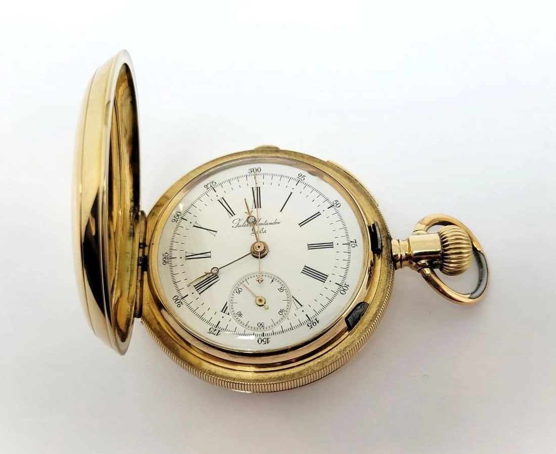 Antique 14k JULES MONTANDON Quater REPEATER Chronograph Hunter Case Pocket Watch - 2