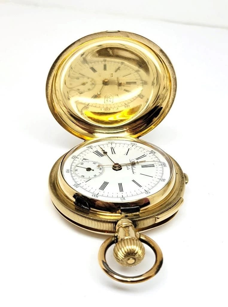 Antique 14k JULES MONTANDON Quater REPEATER Chronograph Hunter Case Pocket Watch - 4