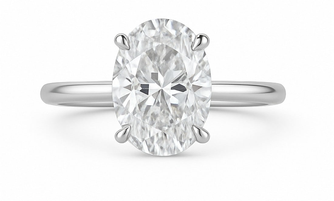 10 CT Oval-Cut lab-grown diamond Diamond Solitaire Ring in 14K White Gold: Title: 10 CT Oval-Cut lab-grown diamond Diamond Solitaire Ring in 14K White Gold Description: **Center Stone:** 10.00 Carat Oval-Cut lab-grown diamond Diamond, E–F Color, VVS1–VS2 Clarity.