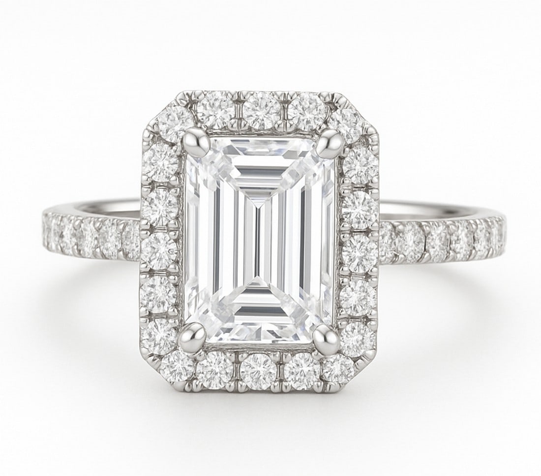 10 CT Emerald-Cut lab-grown diamond Diamond Halo Engagement Ring in 14K White Gold (1 of 3)
