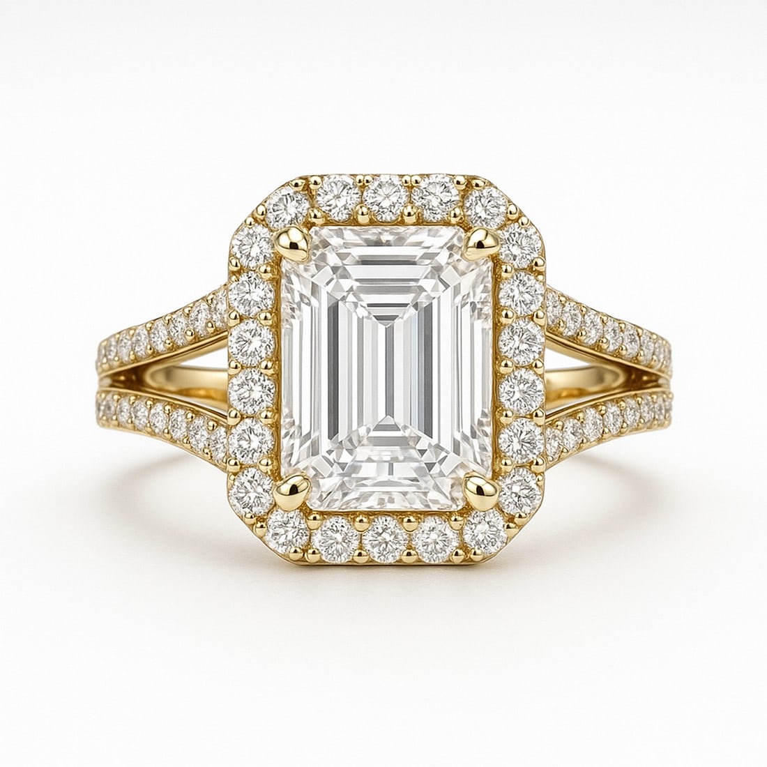8 CT Emerald-Cut lab-grown diamond Diamond Halo Split Shank Ring in 14K Yellow Gold (1 of 2)