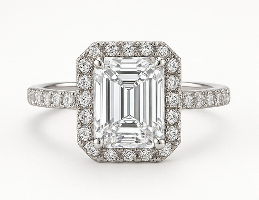 5 CT Emerald-Cut lab-grown diamond Diamond Halo Engagement Ring in 14K White Gold (1 of 3)