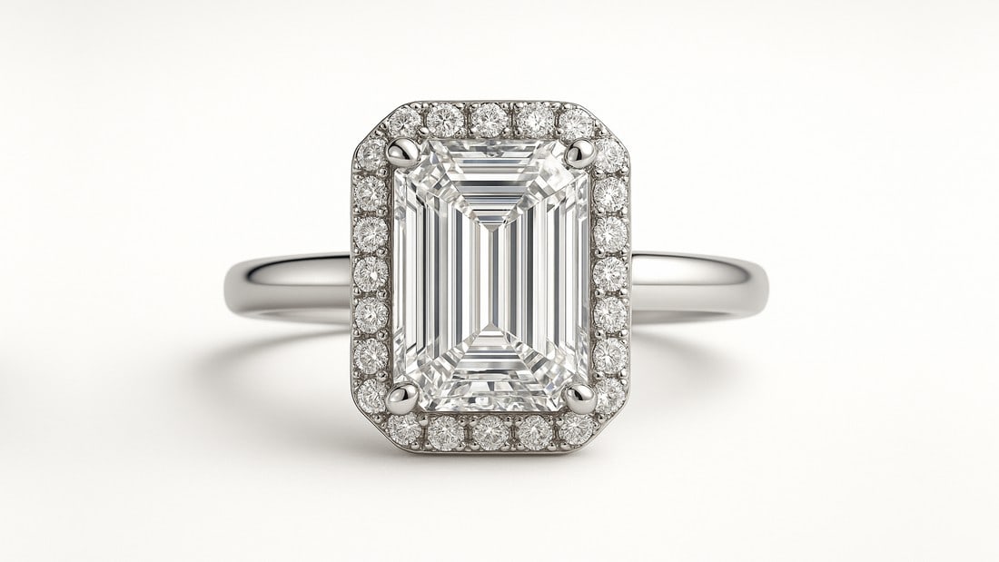 Lab-grown diamond 9 CT Emerald Cut Halo Engagement Ring – 14K White Gold: Title: lab-grown diamond 9 CT Emerald Cut Halo Engagement Ring – 14K White Gold Description: A stunning 9.00 CT Emerald Cut Halo Engagement Ring crafted in 14K white gold, featuring a