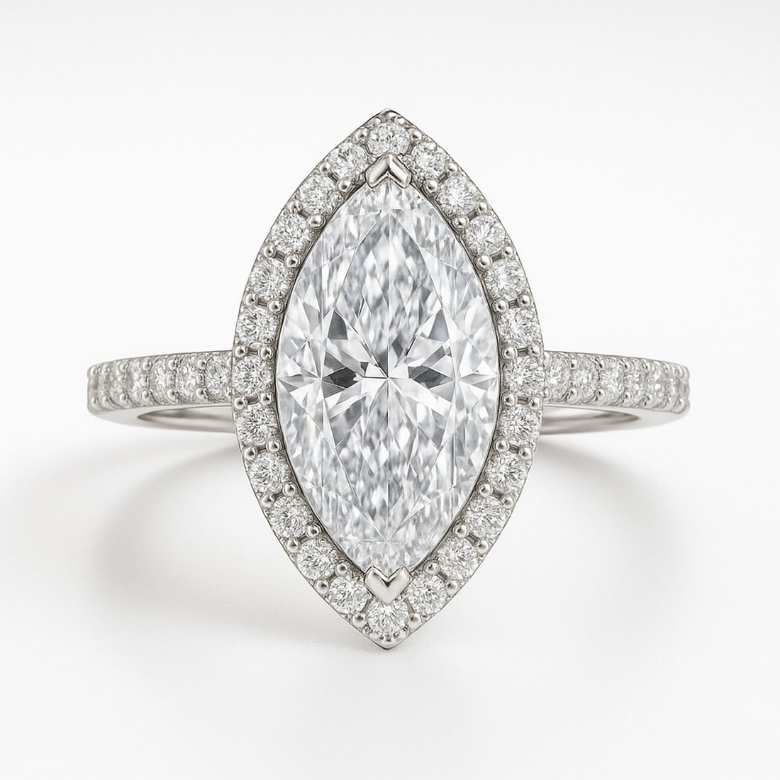 Lab-grown diamond 7 CT Marquise Cut Halo Engagement Ring – 14K White Gold: Title: lab-grown diamond 7 CT Marquise Cut Halo Engagement Ring – 14K White Gold Description: This exquisite 7.00 CT Marquise Cut Halo Engagement Ring features a brilliant marquise center stone