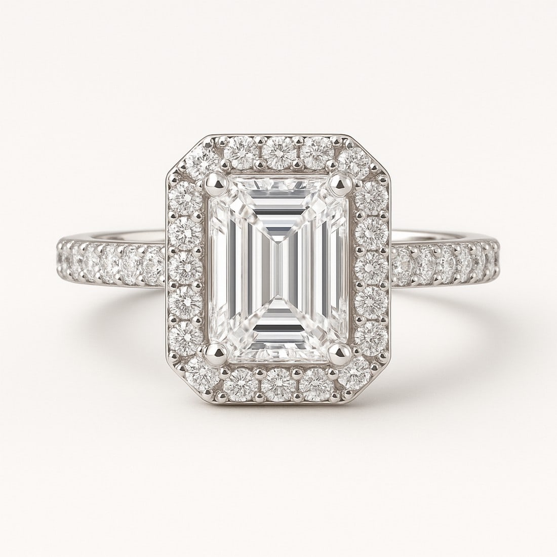 Lab-grown diamond 7.00 CT Emerald Halo Diamond Ring: Title: lab-grown diamond 7.00 CT Emerald Halo Diamond Ring Description: 7 CT Emerald Halo lab-grown diamond Diamond, E–F Color, VVS1–VS1 Clarity Each lab-grown diamond diamond is