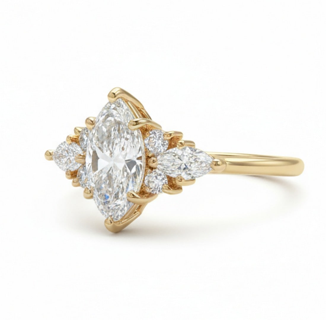 7.00 CT Marquise-Cut lab-grown diamond Diamond Sunburst Engagement Ring in 14K Yellow Gold - 2