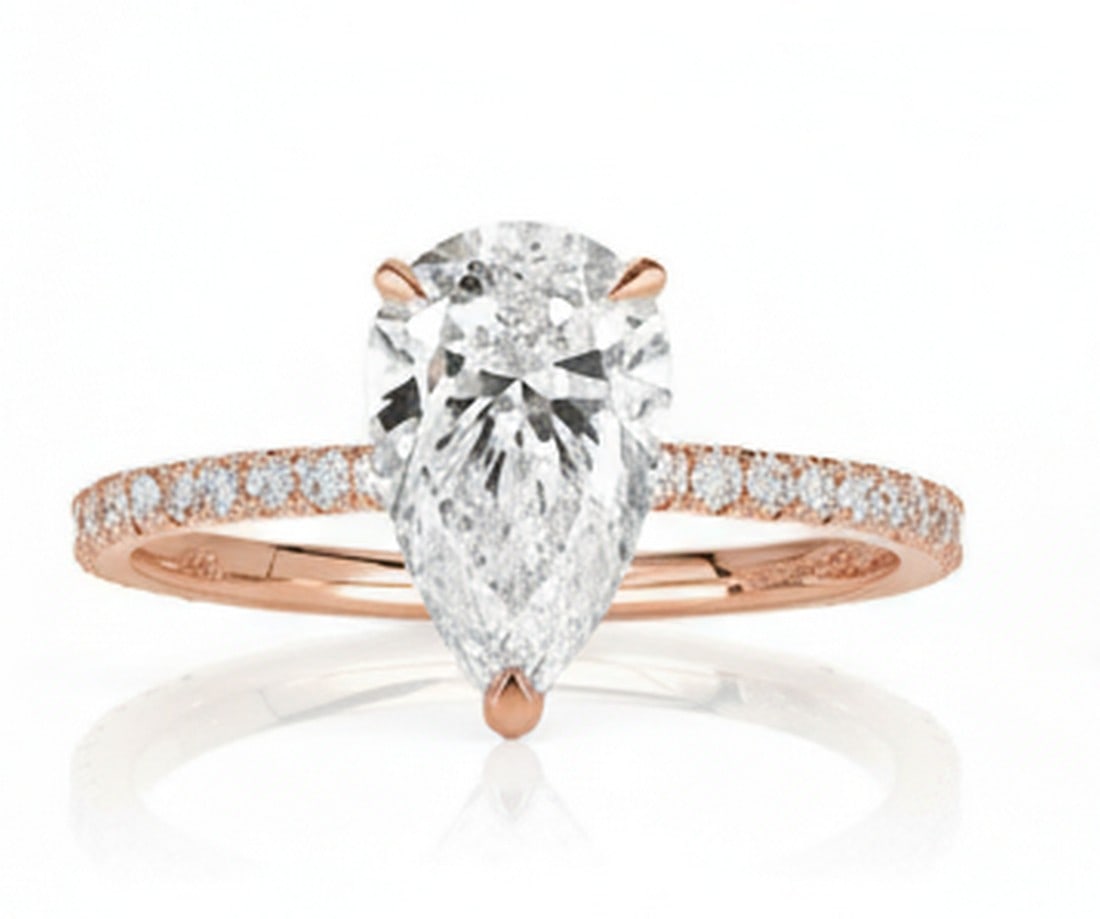 8.00 CT Pear-Cut lab-grown diamond Diamond Rose Gold Engagement Ring: Title: 8.00 CT Pear-Cut lab-grown diamond Diamond Rose Gold Engagement Ring Description: A stunning 8.00 carat lab-grown diamond pear-cut diamond showcased in a sleek 14K rose gold solitaire setting,