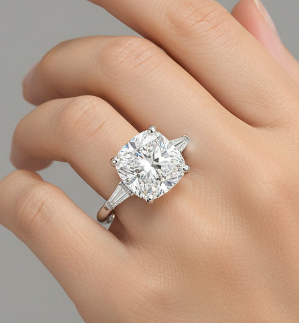 4.00 CT Cushion lab-grown diamond Diamond Three-Stone Engagement Ring in 14K White Gold - 4