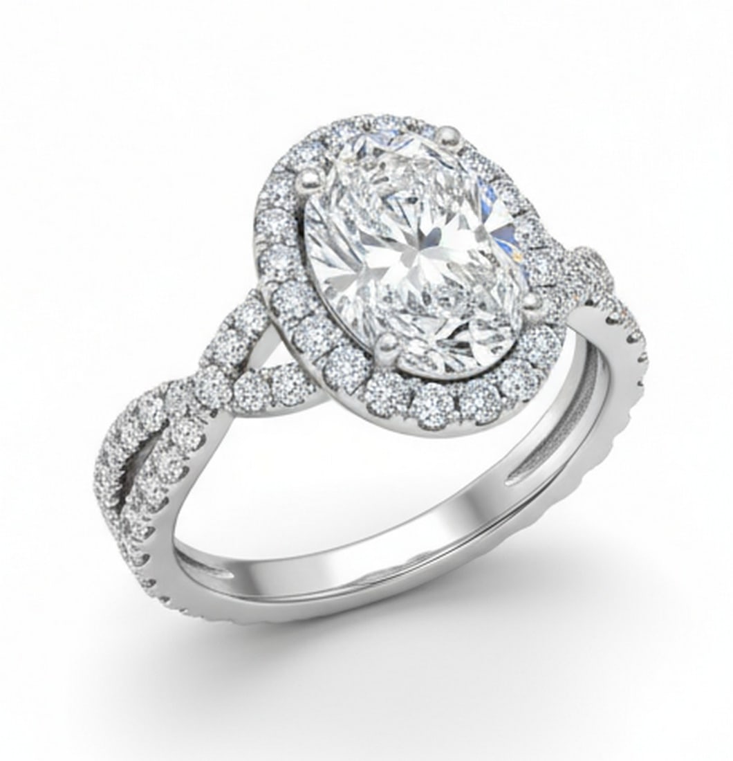 4.00 CT Oval lab-grown diamond Diamond Twist-Shank Halo Engagement Ring in 14K White Gold - 2