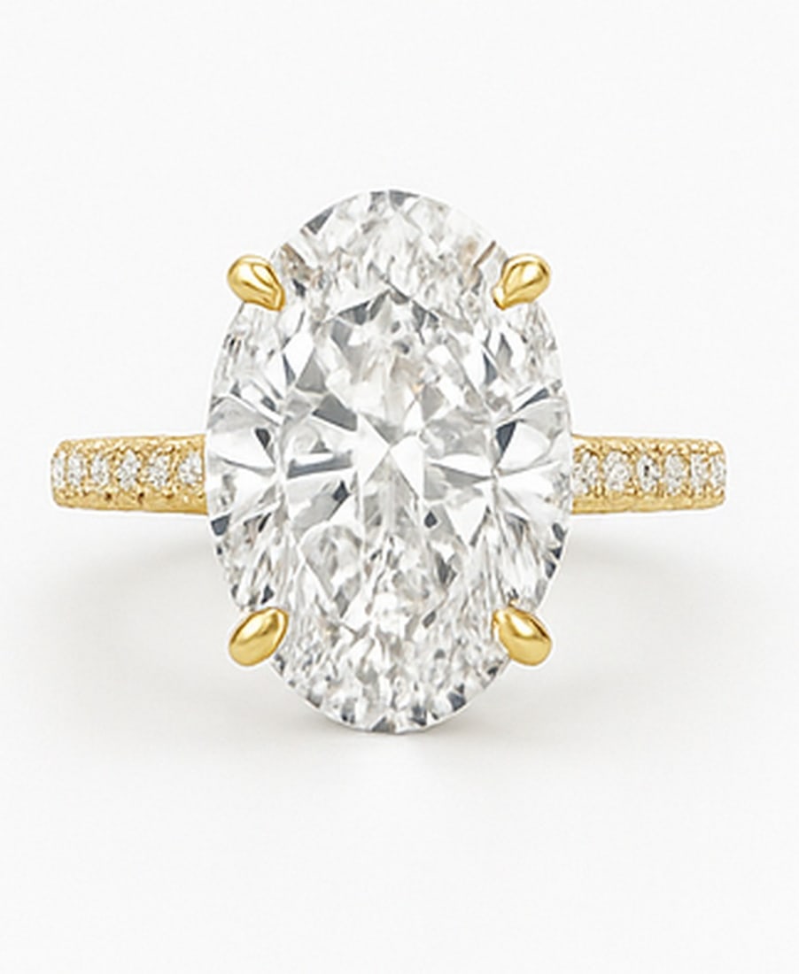 Lab-grown diamond 8.00 CT Oval-Cut Diamond Halo Engagement Ring in 14K Yellow Gold: Title: lab-grown diamond 8.00 CT Oval-Cut Diamond Halo Engagement Ring in 14K Yellow Gold Description: This unique lab-grown diamond diamond ring showcases a 8.00 carat oval-cut center stone in a