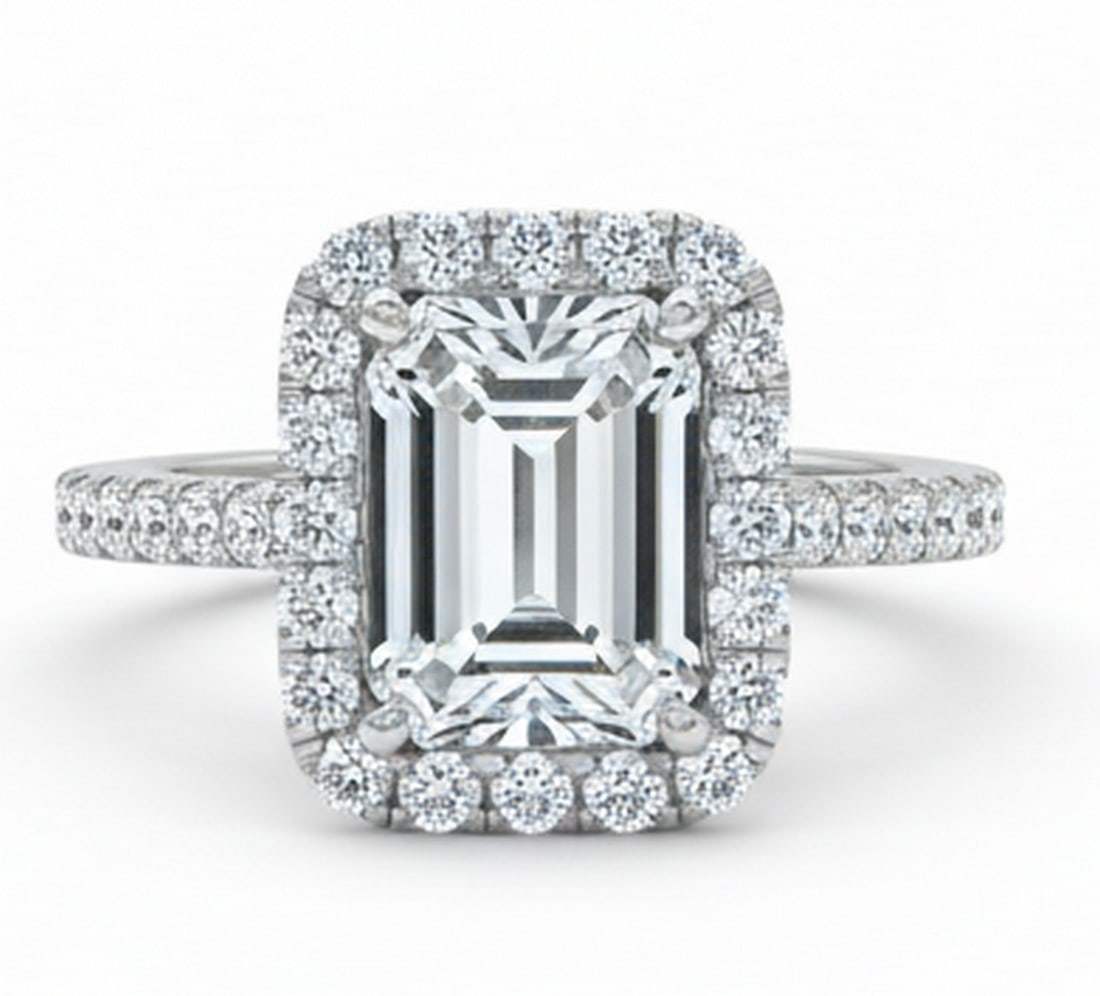 Lab-grown diamond 6.00 CT Emerald-Cut Diamond Double Halo Ring in 14K White Gold (1 of 4)