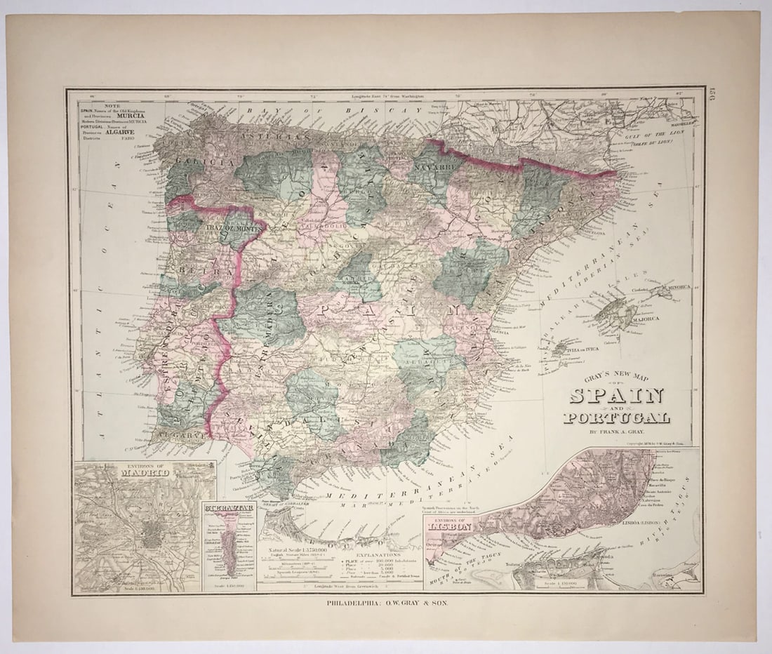 Gray's New Map of Spain and Portugal: Title: Gray's New Map of Spain and Portugal Publication Date: 1880 Author: GRAY, FRANK A. Publisher: O.W. GRAY & SON Publishing Info: "By Frank A. Gray" Three insets, environs of Madrid, Gibraltar