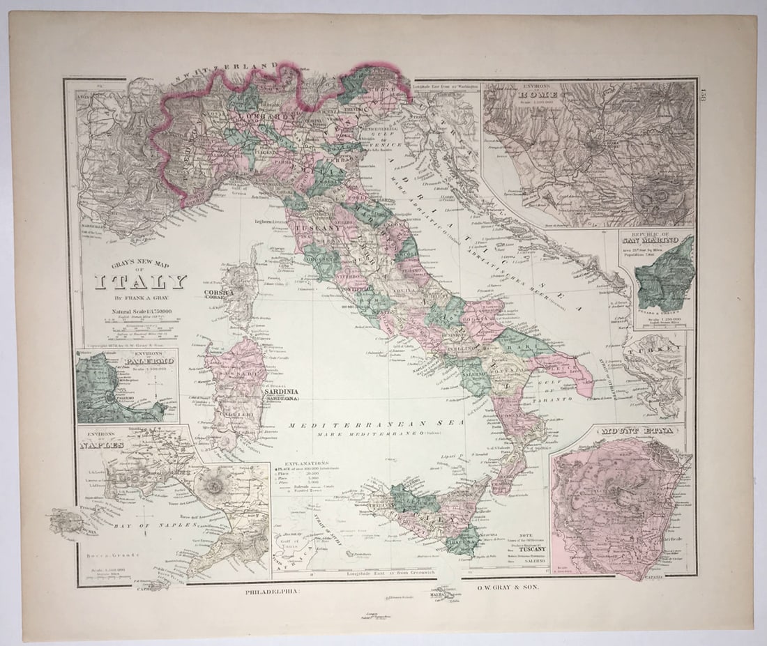 Switzerland: Title: Switzerland Publication Date: 1880 Author: COLTON, JOSEPH HUTCHINS Publisher: O.W. GRAY & SON Publishing Info: Early Colton map reissued by Gray. Gray's new map of Italy on reverse. Reserve: