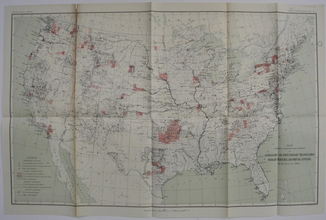 Map Showing Condition and Progress of Astronomic Location, Primary Triangulation, Primary Traverse: Title: Map Showing Condition and Progress of Astronomic Location, Primary Triangulation, Primary Traverse and Precise Leveling, for the Fiscal Year 1898-9. Publication Date: 1900 Author: U.S. G. S. Pu
