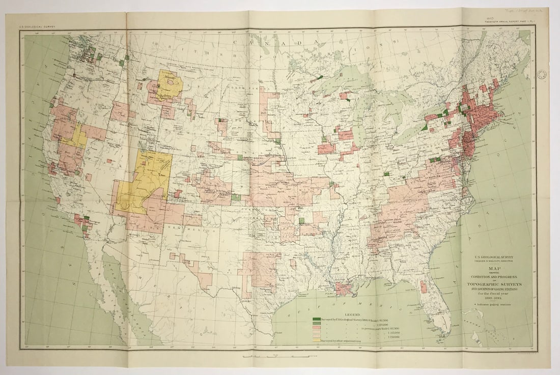 Map Showing Condition and Progress of Topographic Surveys and Location of Gaging Stations for the: Title: Map Showing Condition and Progress of Topographic Surveys and Location of Gaging Stations for the Fiscal Year 1898-1899. Publication Date: 1900 Author: U.S. G. S. Publisher: U.S. GEOLOGICAL SUR