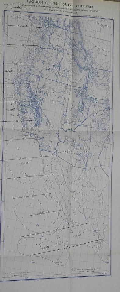 Isogonic Lines for the Year 1783.: Title: Isogonic Lines for the Year 1783. Publication Date: 1888 Author: U.S. C. & G.S. Publisher: USC&GS Publishing Info: "constructed from observations made by Spanish navigators between 1774 & 1790.