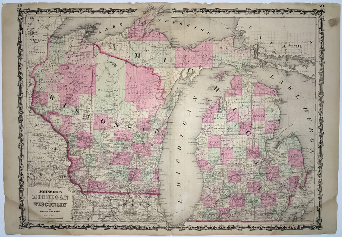 Johnson's Michigan and Wisconsin: Title: Johnson's Michigan and Wisconsin Publication Date: 1862 Author: JOHNSON, ALVIN JEWETT Publisher: JOHNSON AND WARD Publishing Info: Shows counties, railroads and main roads. Browned, margins chi