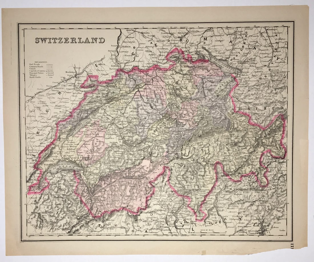 Switzerland: Title: Switzerland Publication Date: 1873 Author: COLTON, JOSEPH HUTCHINS Publisher: O.W. GRAY & SON Publishing Info: Map of Belgium and Holland on reverse. A Colton map reissued in a Gray atlas. Dry