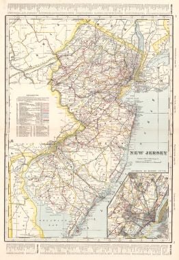 New Jersey: Title: New Jersey Publication Date: c1906 Author: CRAM, GEORGE F. Publisher: A.A. Grant Publishing Info: From Grant's Bankers' and Brokers' railway system atlas, cover dated 1906. Railroads color code