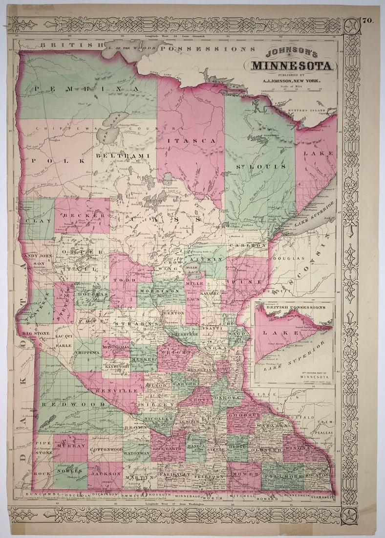 Johnson's Minnesota.: Title: Johnson's Minnesota. Publication Date: c1869 Author: JOHNSON, ALVIN JEWETT Publisher: A.J. Johnson Publishing Info: 70. With inset map of the north eastern part. The northern most territories a