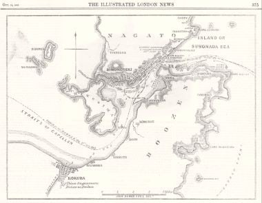 Simonoseki Bay, Japan: Title: Simonoseki Bay, Japan Publication Date: 1863-10-10 Author: DOWER, JOHN Publisher: THE LONDON ILLUSTRATED NEWS Publishing Info: Shows track of the Dutch corvette Medusa and other foreign ships