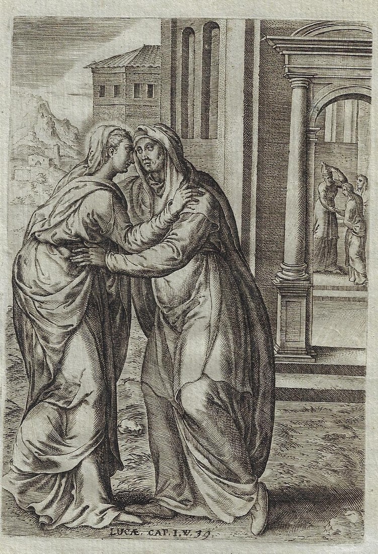 1660 Engraving The Visitation of Mary: Title: 1660 Engraving The Visitation of Mary Additional Information: An engraving of The Visitation depicting a scene from the Book of Luke. The initials J W for Joannes Wierix (1549-1620). Engraving