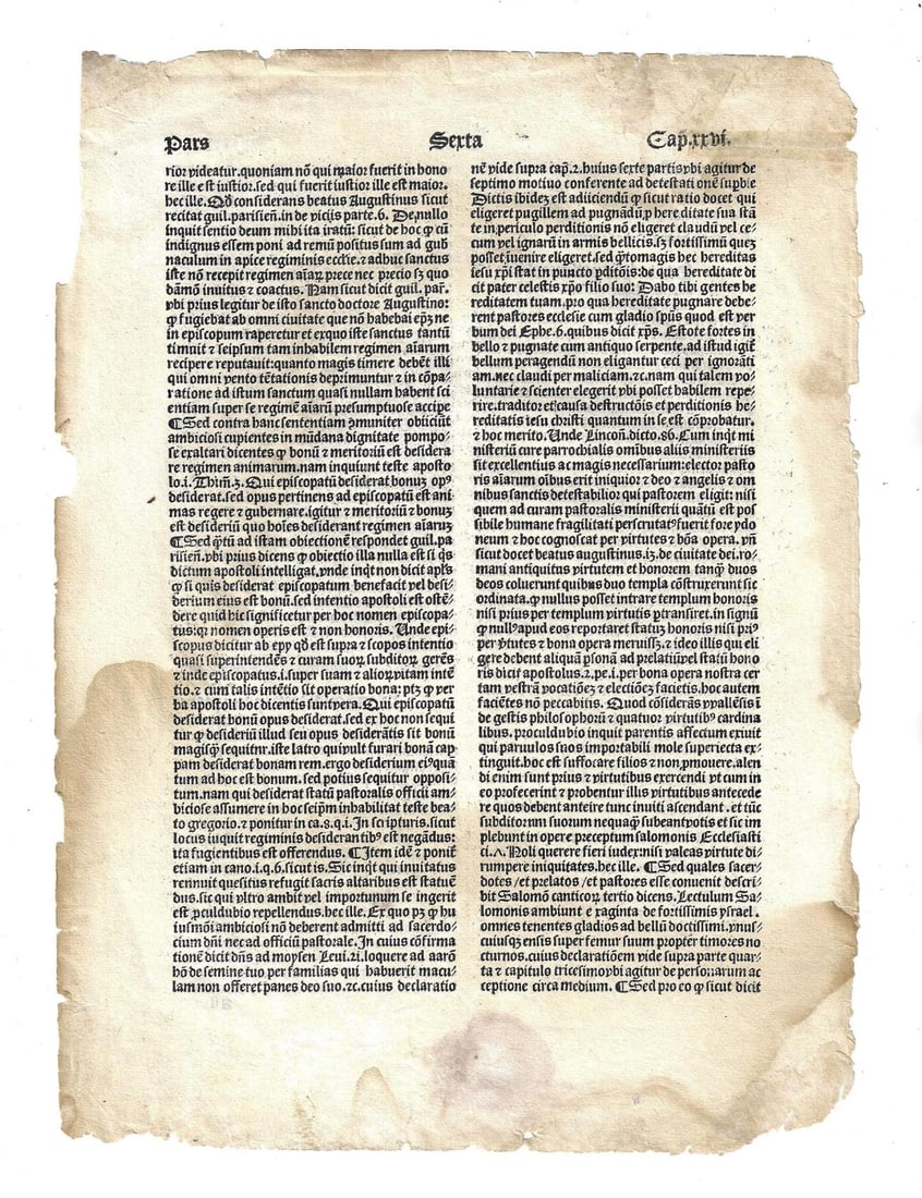 15th C Incunabula Leaf: Title: 15th C Incunabula Leaf Additional Information: An incunable leaf in Latin dated to the latter 15th century. Very good with some tattering and light discoloration, measures 9 by 11.5 inches. 